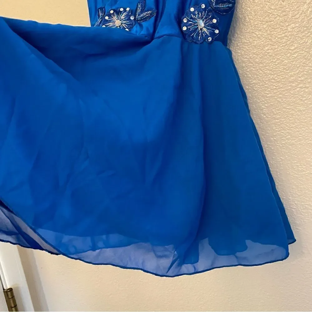 Glamour dance costume blue bedazzled rhinestones sequin dress-child S/MC
